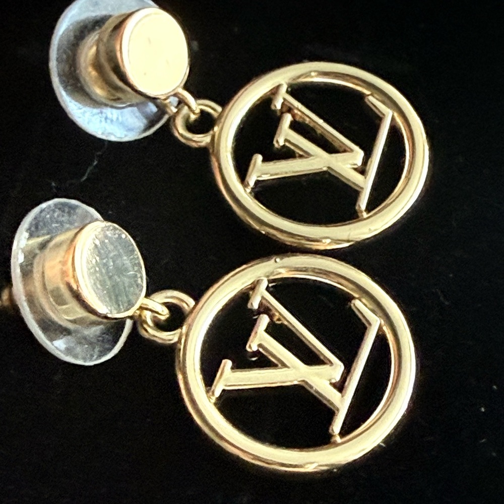 Luxury LV Monogram Button Pull Earrings – Gold-Tone Upcycled Jewelry - Picture 2 of 3
